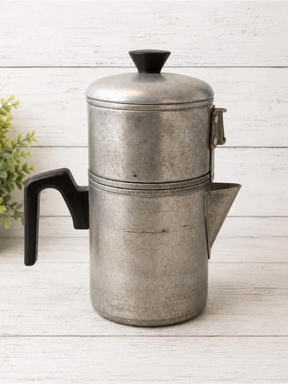 Vintage-Style Metal Coffee Percolator in Silver with Black Handle